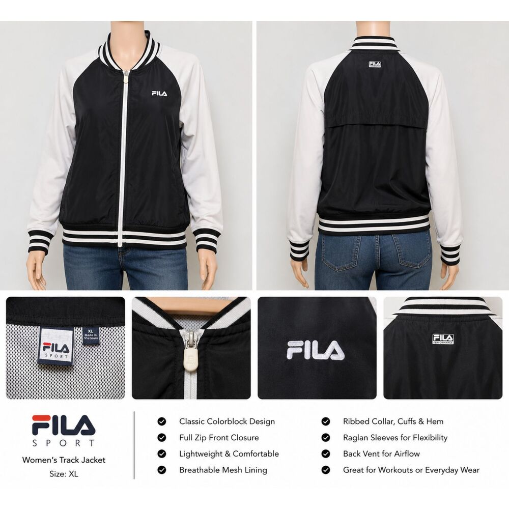 Fila Sport Womens XL Black White Zip Up Athletic Track Jacket Activewear - Picture 4 of 4